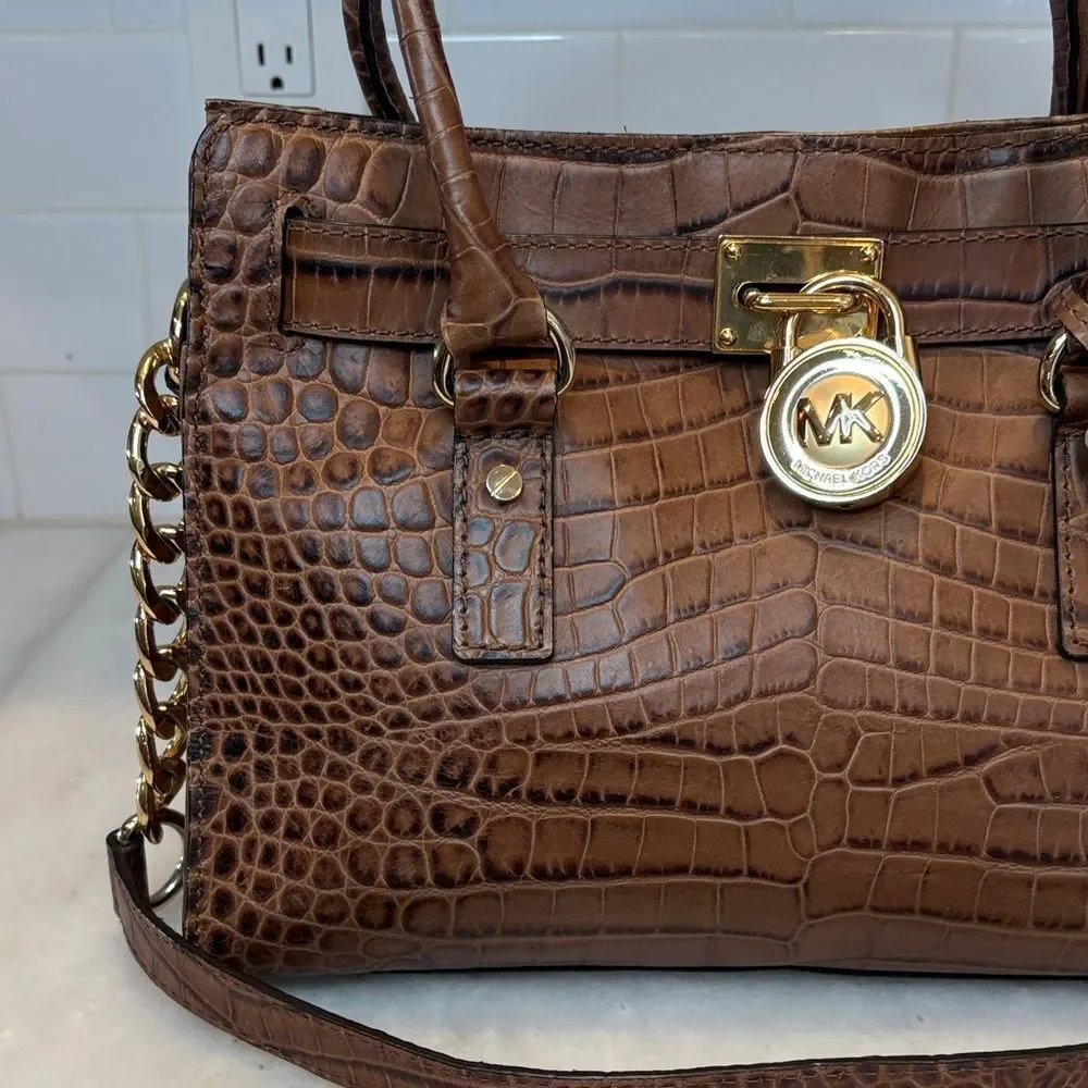 Michael Kors Bag Purse Handbag Croc Embossed Leather Brown Hamilton Tote Bag